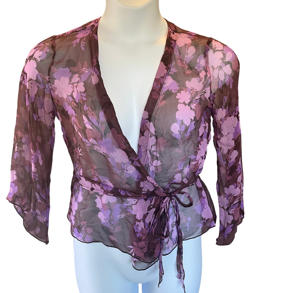 Womens Y2K Fairy Floral Sheer Silk Wrap Top Purple Size M Whimsigoth Romantic